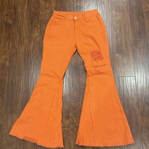 Orange Distressed Bell Bottom / Flared Jeans